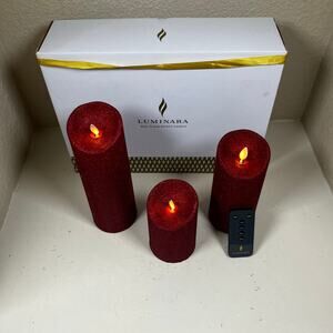 Luminara Flameless Moving Wick Pillar Candles w/remote - set of 3 - red glitter
